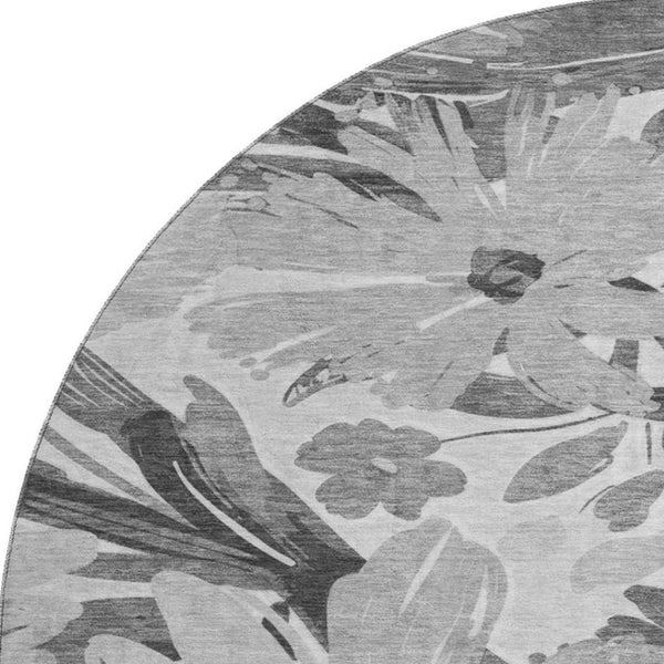 HomeRoots 8' X 8' Gray Silver Floral Round Rug - Washable, UV Resistant, Non-Slip, Ideal for High-Traffic Areas 693957