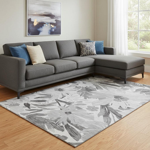 HomeRoots 8' Gray Silver and Charcoal Floral Washable Area Rug - Stain Resistant, UV Protected, Durable Style 693958