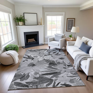 HomeRoots 8' Gray Silver and Charcoal Floral Washable Area Rug - Stain Resistant, UV Protected, Durable Style 693958