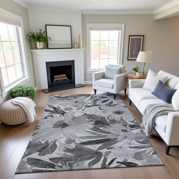 HomeRoots 8' Gray Silver and Charcoal Floral Washable Area Rug - Stain Resistant, UV Protected, Durable Style 693958