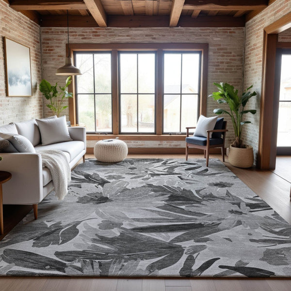 HomeRoots 8' Gray Silver and Charcoal Floral Washable Area Rug - Stain Resistant, UV Protected, Durable Style 693958