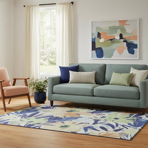 HomeRoots 5' X 8' Floral Area Rug in Navy Blue, Mint Green & Copper – Washable, UV Protected, Stylish & Durable 693962