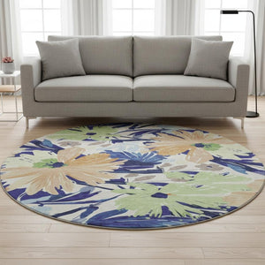 HomeRoots 8' X 8' Washable Navy Blue, Mint Green & Copper Floral Round Rug with UV Protection & Stain Resistance 693963