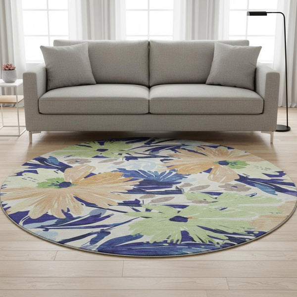 HomeRoots 8' X 8' Washable Navy Blue, Mint Green & Copper Floral Round Rug with UV Protection & Stain Resistance 693963