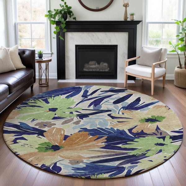 HomeRoots 8' X 8' Washable Navy Blue, Mint Green & Copper Floral Round Rug with UV Protection & Stain Resistance 693963
