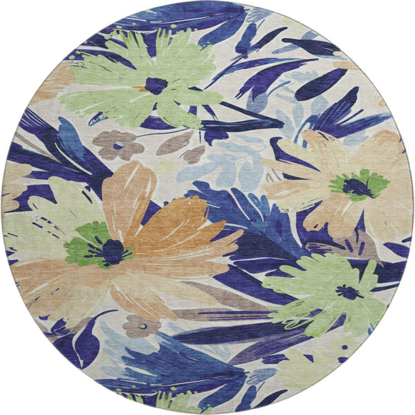 HomeRoots 8' X 8' Washable Navy Blue, Mint Green & Copper Floral Round Rug with UV Protection & Stain Resistance 693963