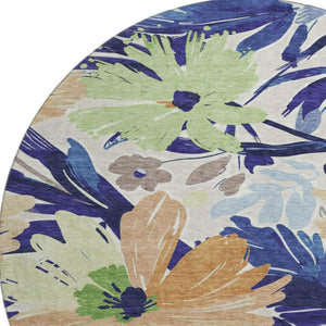 HomeRoots 8' X 8' Washable Navy Blue, Mint Green & Copper Floral Round Rug with UV Protection & Stain Resistance 693963