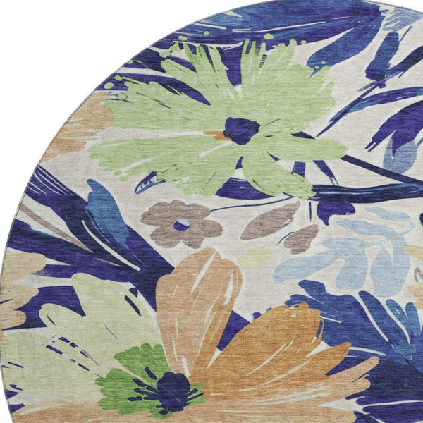 HomeRoots 8' X 8' Washable Navy Blue, Mint Green & Copper Floral Round Rug with UV Protection & Stain Resistance 693963