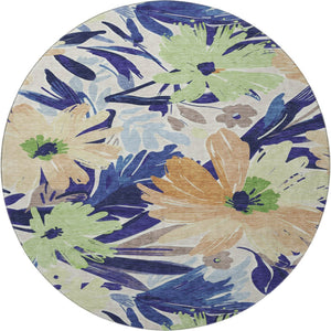 HomeRoots 8' X 8' Washable Navy Blue, Mint Green & Copper Floral Round Rug with UV Protection & Stain Resistance 693963