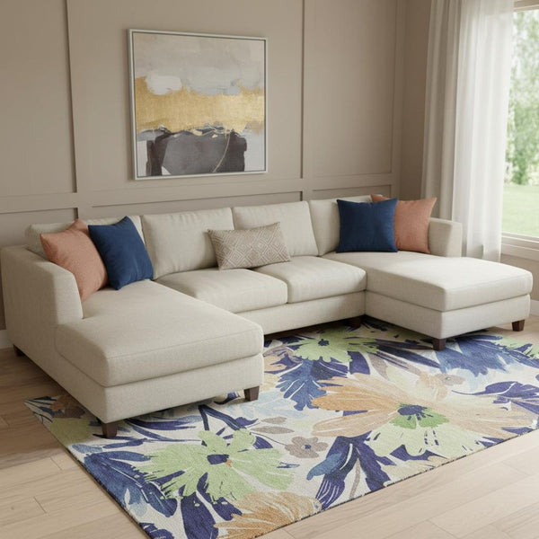 HomeRoots 8' Washable Floral Area Rug in Navy Blue, Mint Green & Copper - UV Resistant, Durable, and Stylish! 693964