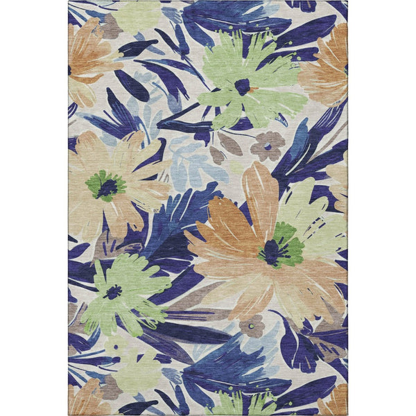 HomeRoots 8' Washable Floral Area Rug in Navy Blue, Mint Green & Copper - UV Resistant, Durable, and Stylish! 693964