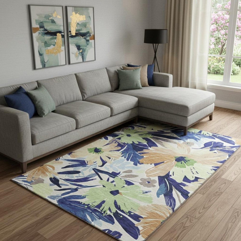 HomeRoots 9' Washable Floral Area Rug in Navy Blue, Mint Green & Copper - UV Protected, Stain Resistant Design 693965