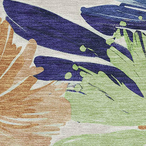 HomeRoots 9' Washable Floral Area Rug in Navy Blue, Mint Green & Copper - UV Protected, Stain Resistant Design 693965