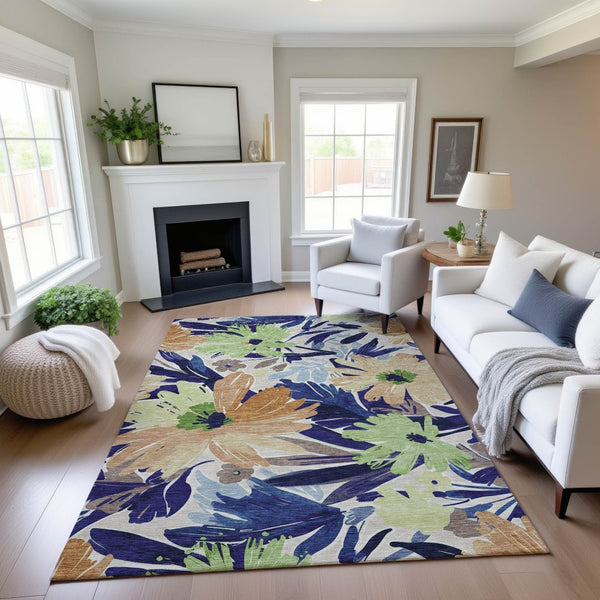 HomeRoots 10' X 14' Washable Area Rug in Navy Blue, Mint Green & Copper Floral - Durable & UV Protected! 693966