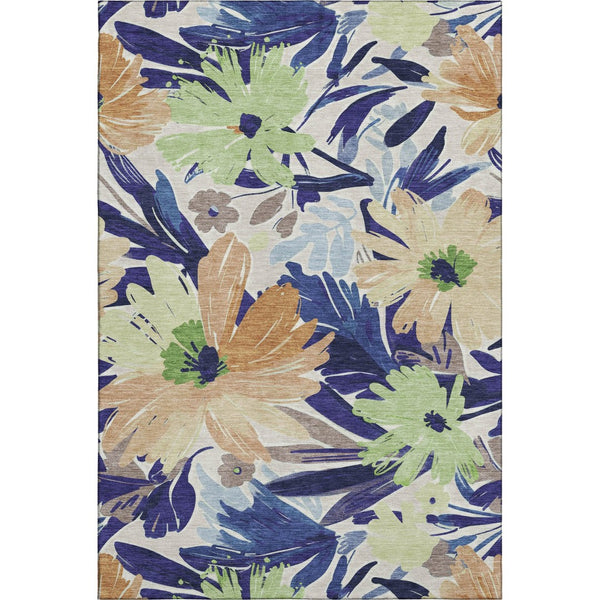 HomeRoots 10' X 14' Washable Area Rug in Navy Blue, Mint Green & Copper Floral - Durable & UV Protected! 693966