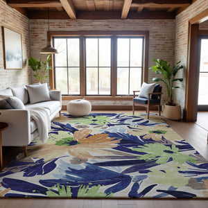 HomeRoots 10' X 14' Washable Area Rug in Navy Blue, Mint Green & Copper Floral - Durable & UV Protected! 693966