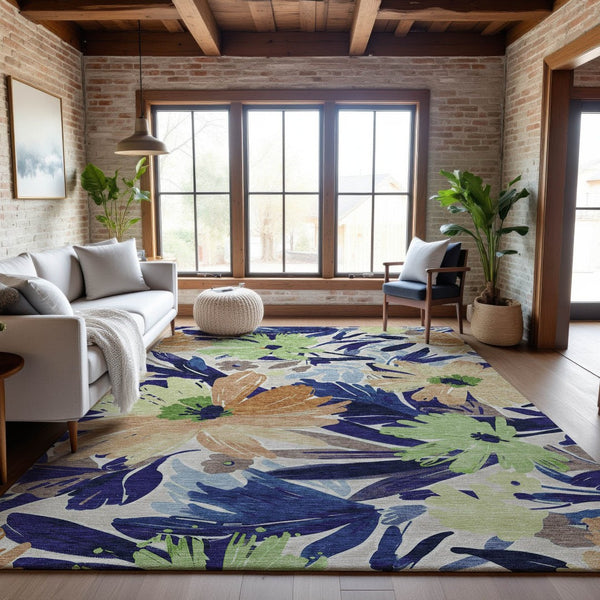 HomeRoots 10' X 14' Washable Area Rug in Navy Blue, Mint Green & Copper Floral - Durable & UV Protected! 693966