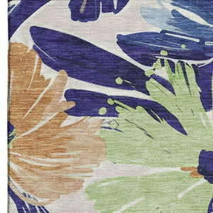 HomeRoots 10' X 14' Washable Area Rug in Navy Blue, Mint Green & Copper Floral - Durable & UV Protected! 693966