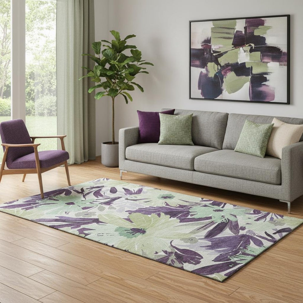 HomeRoots 5' X 8' Floral Area Rug in Purple, Green & Ivory - Washable, UV Protected, Non-Slip, Stain Resistant! 693968