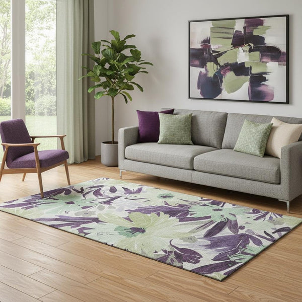 HomeRoots 5' X 8' Floral Area Rug in Purple, Green & Ivory - Washable, UV Protected, Non-Slip, Stain Resistant! 693968