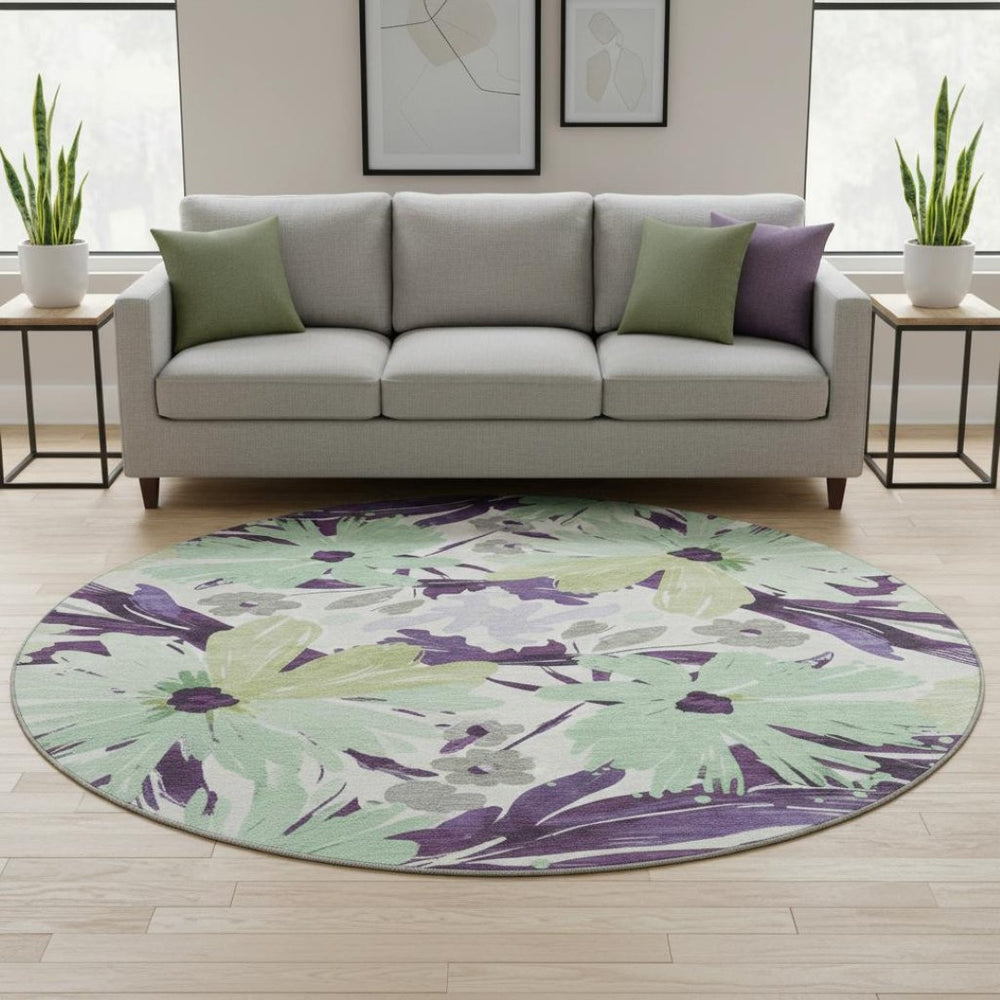 HomeRoots 8' X 8' Floral Washable Round Rug in Purple, Green & Ivory - UV Protected, Durable & Stylish Decor 693969