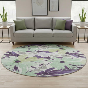 HomeRoots 8' X 8' Floral Washable Round Rug in Purple, Green & Ivory - UV Protected, Durable & Stylish Decor 693969