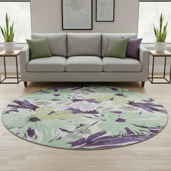 HomeRoots 8' X 8' Floral Washable Round Rug in Purple, Green & Ivory - UV Protected, Durable & Stylish Decor 693969