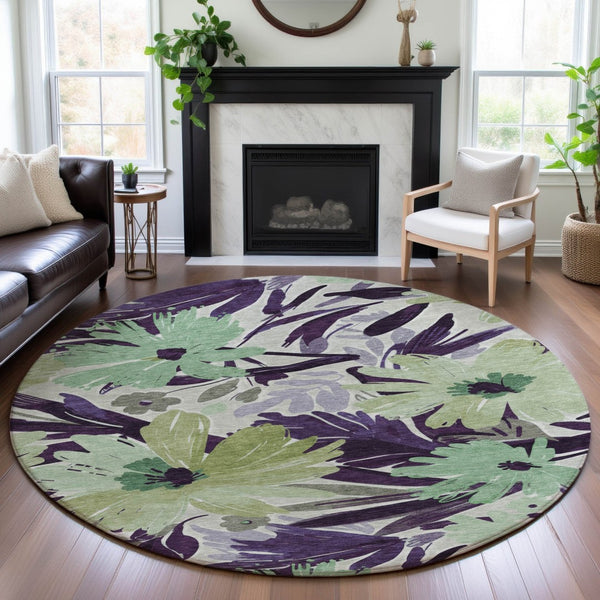 HomeRoots 8' X 8' Floral Washable Round Rug in Purple, Green & Ivory - UV Protected, Durable & Stylish Decor 693969
