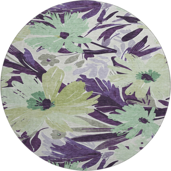 HomeRoots 8' X 8' Floral Washable Round Rug in Purple, Green & Ivory - UV Protected, Durable & Stylish Decor 693969