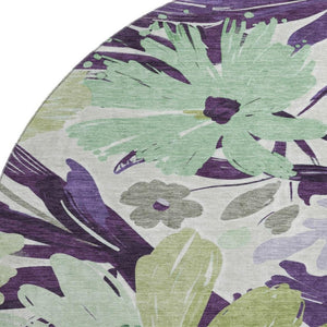 HomeRoots 8' X 8' Floral Washable Round Rug in Purple, Green & Ivory - UV Protected, Durable & Stylish Decor 693969