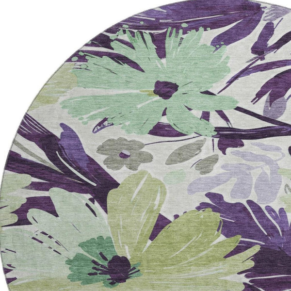 HomeRoots 8' X 8' Floral Washable Round Rug in Purple, Green & Ivory - UV Protected, Durable & Stylish Decor 693969