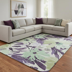 HomeRoots 8' Washable Floral Area Rug in Purple, Green & Ivory - UV Protection & Non-Slip Backing for Durability 693970