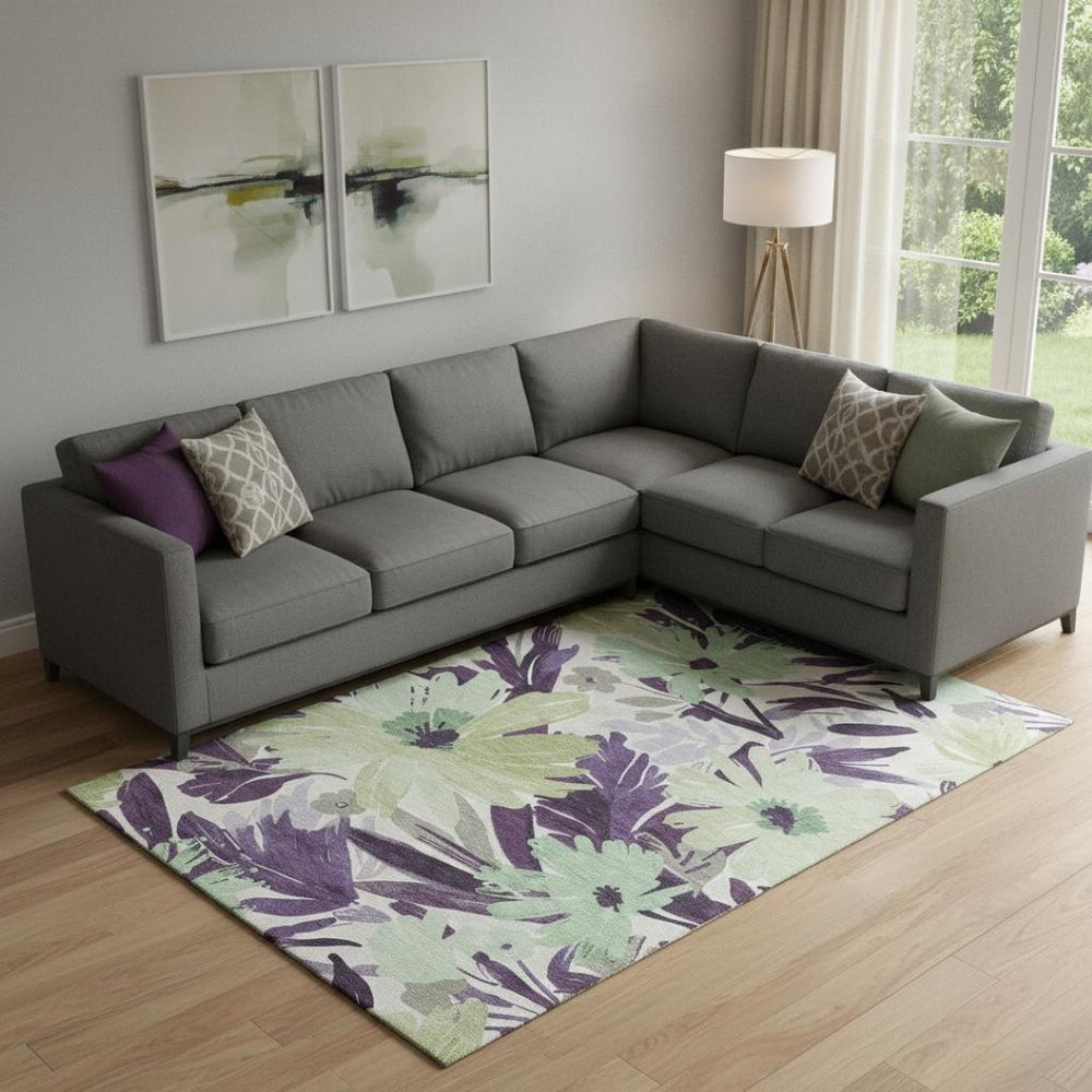 HomeRoots 9' X 12' Floral Area Rug in Purple, Green & Ivory - Washable, UV Protected, Durable for High-Traffic Spaces 693971