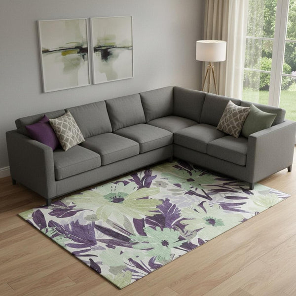 HomeRoots 9' X 12' Floral Area Rug in Purple, Green & Ivory - Washable, UV Protected, Durable for High-Traffic Spaces 693971