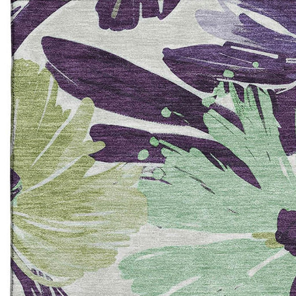 HomeRoots 9' X 12' Floral Area Rug in Purple, Green & Ivory - Washable, UV Protected, Durable for High-Traffic Spaces 693971