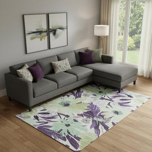 HomeRoots 10' X 14' Floral Area Rug in Purple, Green & Ivory - Washable, UV Protected, Pet-Friendly Design! 693972