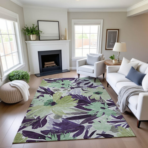 HomeRoots 10' X 14' Floral Area Rug in Purple, Green & Ivory - Washable, UV Protected, Pet-Friendly Design! 693972