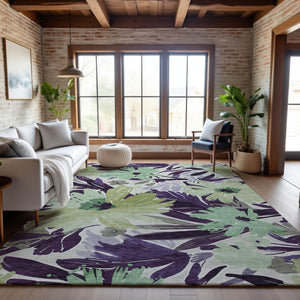 HomeRoots 10' X 14' Floral Area Rug in Purple, Green & Ivory - Washable, UV Protected, Pet-Friendly Design! 693972