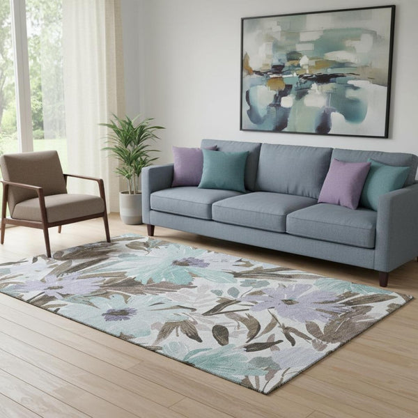 HomeRoots 5' X 8' Floral Area Rug in Taupe, Blue & Lavender - Washable, UV Protected, Durable & Stylish Decor 693974