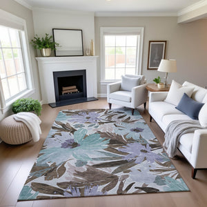 HomeRoots 5' X 8' Floral Area Rug in Taupe, Blue & Lavender - Washable, UV Protected, Durable & Stylish Decor 693974