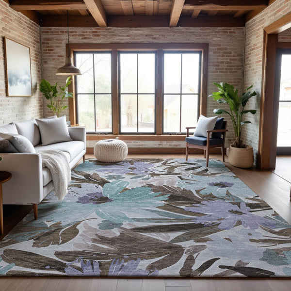 HomeRoots 5' X 8' Floral Area Rug in Taupe, Blue & Lavender - Washable, UV Protected, Durable & Stylish Decor 693974