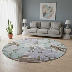 HomeRoots 8' Taupe Blue & Lavender Floral Round Rug – Washable, Durable, UV Protected for Indoor & Outdoor Use 693975