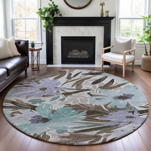 HomeRoots 8' Taupe Blue & Lavender Floral Round Rug – Washable, Durable, UV Protected for Indoor & Outdoor Use 693975