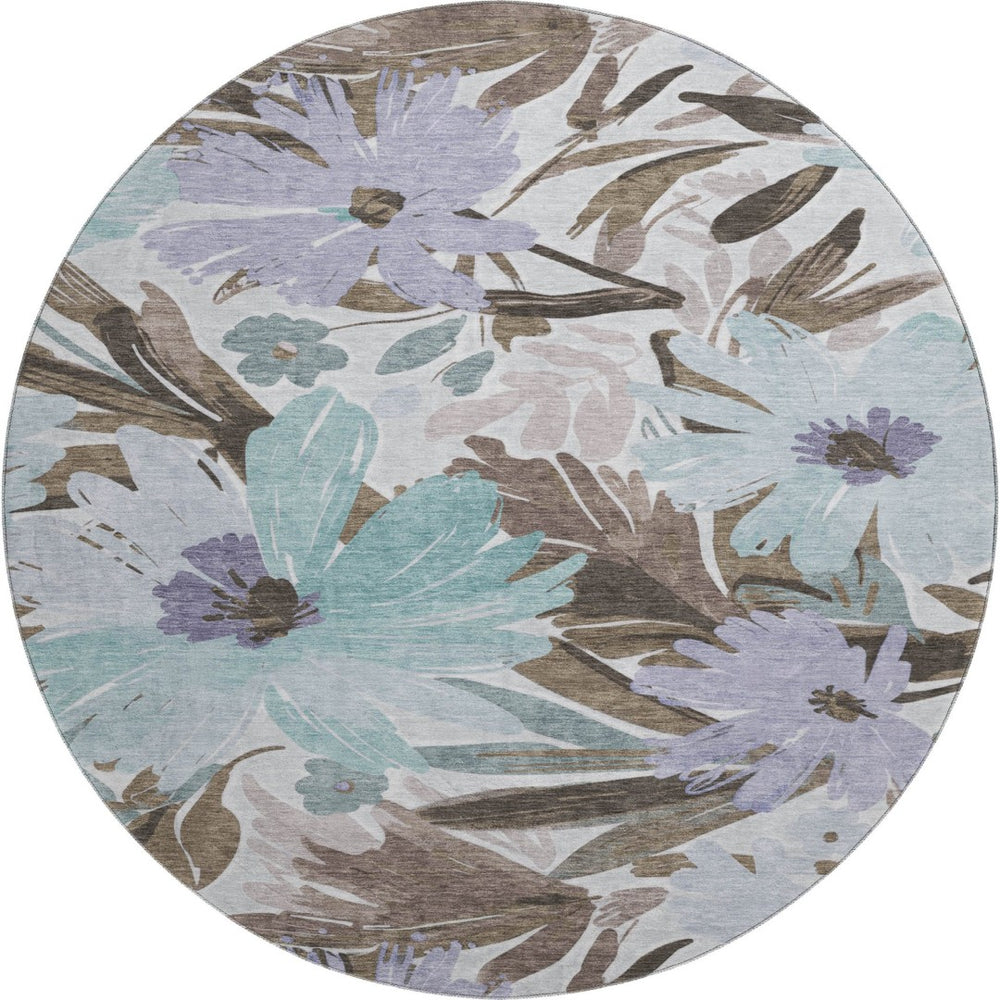 HomeRoots 8' Taupe Blue & Lavender Floral Round Rug – Washable, Durable, UV Protected for Indoor & Outdoor Use 693975
