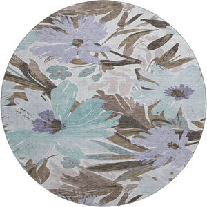HomeRoots 8' Taupe Blue & Lavender Floral Round Rug – Washable, Durable, UV Protected for Indoor & Outdoor Use 693975