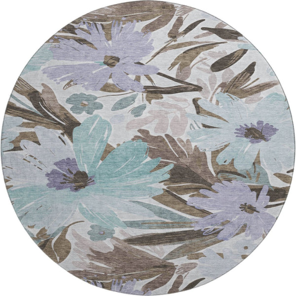 HomeRoots 8' Taupe Blue & Lavender Floral Round Rug – Washable, Durable, UV Protected for Indoor & Outdoor Use 693975