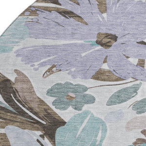 HomeRoots 8' Taupe Blue & Lavender Floral Round Rug – Washable, Durable, UV Protected for Indoor & Outdoor Use 693975