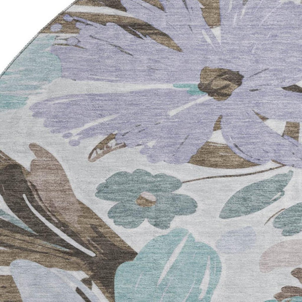 HomeRoots 8' Taupe Blue & Lavender Floral Round Rug – Washable, Durable, UV Protected for Indoor & Outdoor Use 693975