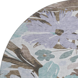 HomeRoots 8' Taupe Blue & Lavender Floral Round Rug – Washable, Durable, UV Protected for Indoor & Outdoor Use 693975