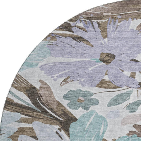 HomeRoots 8' Taupe Blue & Lavender Floral Round Rug – Washable, Durable, UV Protected for Indoor & Outdoor Use 693975